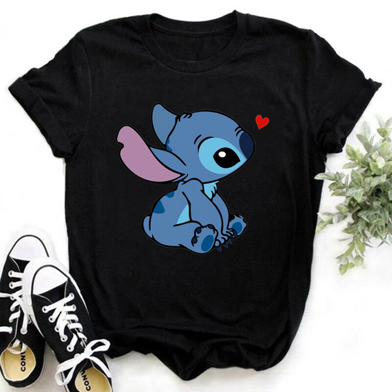 T-shirt Kartun Disney Lilo Stitch Atasan untuk Wanita S-3XL T-shirt Wanita Musim Panas T-shirt Hitam Leher-o Ohana Stitch Kaus Oblong