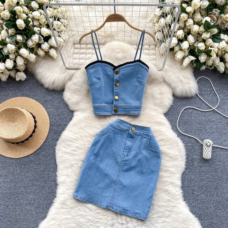Roupas jeans estilo picante retrô feminino, colete de camisola curta, minissaia versátil, conjunto de vestidos, moda, 2 peças