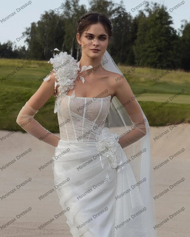 Chic Flowers Mesh Bridal Dress One Shoulder Pleated Tulle Mermaid Wedding Dresses Custom Made Puffy Mesh Bridal Prom Gowns