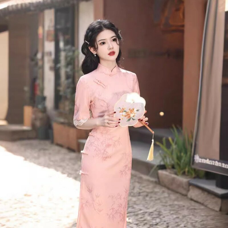 Oude Shanghai Cheongsam 2024 Zomer Nieuwe Vintage Chinese Stijl Jongedame Lang Avondfeest Qipao Meisjes Dagelijkse Costum Vestidos
