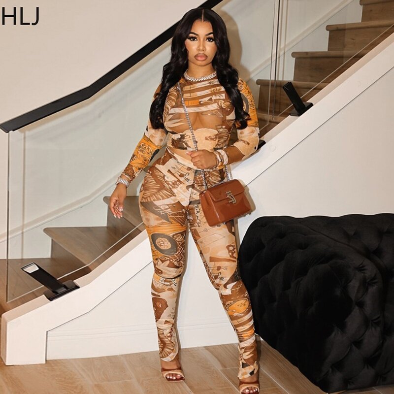 HLJ Brown Sexy Mesh Perspective Printing Two Piece Sets Women Round Neck Long Sleeve Crop Top And Skinny Pants Outfit Streetwear