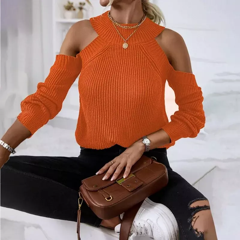 2024 Autumn/Winter Women's Sexy Off Shoulder Round Neck Pullover Loose Casual Long Sleeved Sweater Y2K Top Street Wear YSQ51