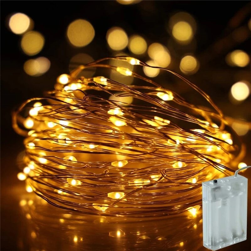 Cuerdas de alambre de cobre para decoración de fiestas, luces Led de hadas de 2M, 5M, 10M, 100, funciona con pilas 3XAA