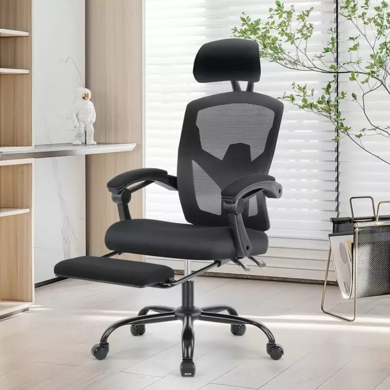 Kursi kantor ergonomis, dengan bantal Lumbar & pijakan kaki yang dapat ditarik, kursi kantor jaring dengan sandaran tangan dan sandaran kepala yang dapat disesuaikan