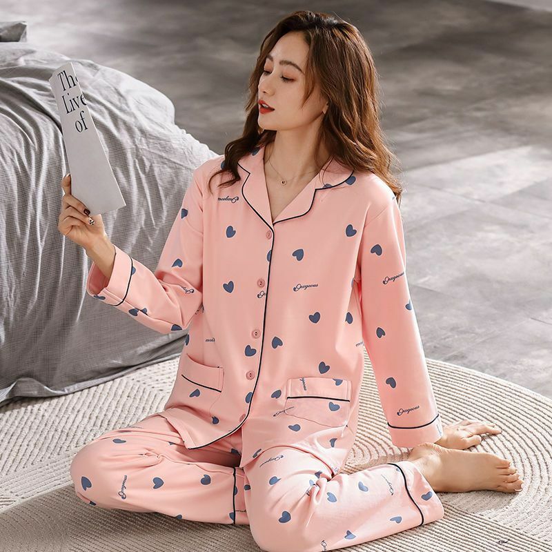 Pakaian tidur wanita, set piyama katun lengan panjang celana piyama Korea bercetak Lapel kelas atas musim semi musim gugur