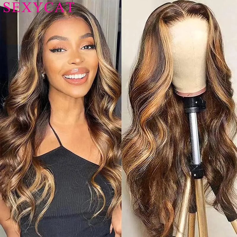 SexyCat Honey Blonde Glueless Wig Human Hair P4/27 Ombre Body Wave 4x4 Closure Pre Plucked Highlight Lace Front Wig Women