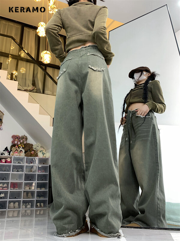 Women's American Street Drawstring Design Green Jeans Casual Style High Waisted Burr Edge Pants Female Wide Leg Denim Trousers