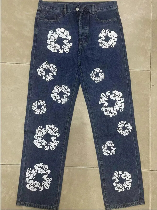 Amerykański modny Kapok z nadrukiem sprane dżinsy 2024 New Fashion Unisex luźne spodenki proste nogawki na co dzień Y2k odzież Streetwear w stylu hip-hop