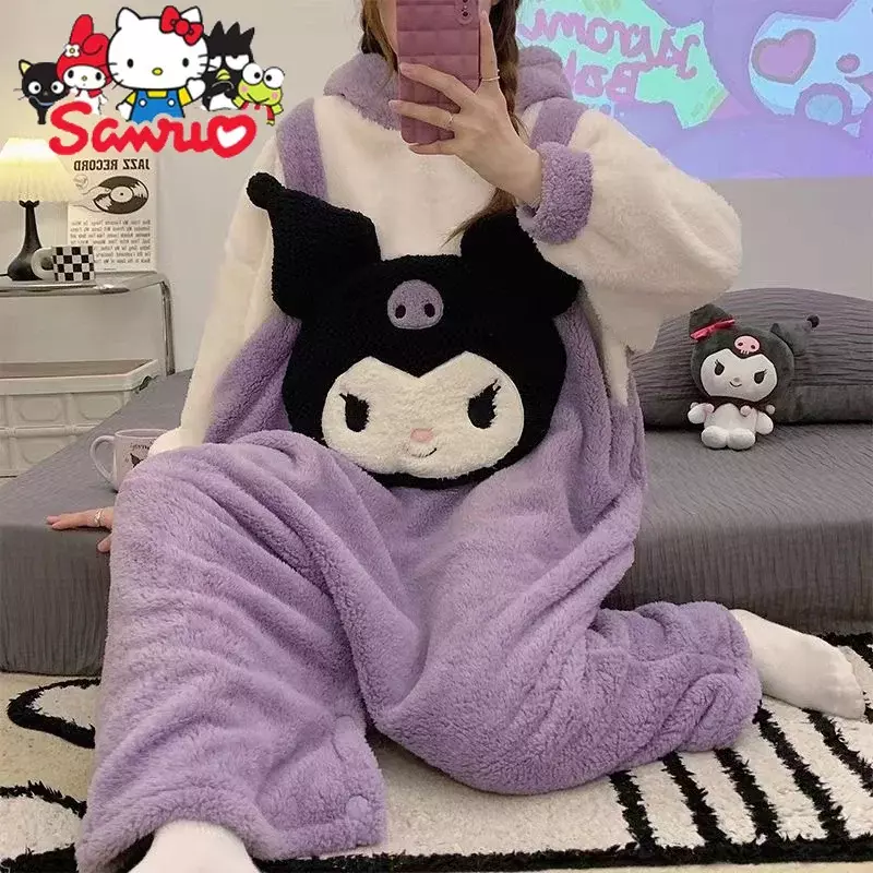 MINISO Kuromi Cinnamoroll-Pijama de lana de Coral para mujer, ropa de dormir de felpa gruesa de terciopelo con dibujos animados, estilo infantil, Invierno