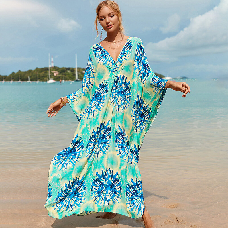 Blus Print Wanita Amerika Eropa Musim Panas 2023 Gaun Liburan Pantai Blus Longgar Pakaian Renang Bikini Pakaian Luar Hitam W