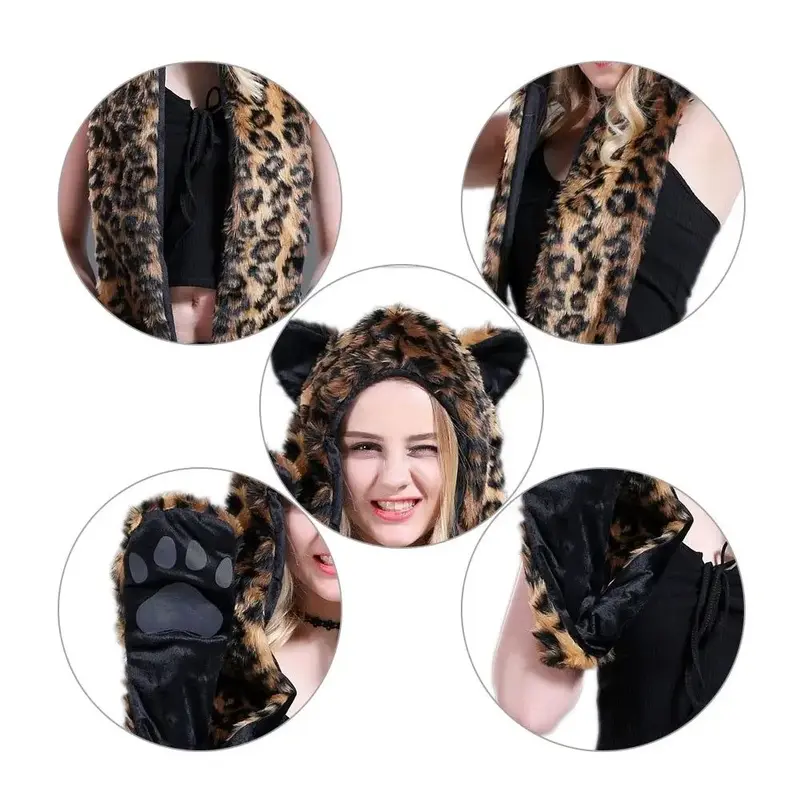 Women Girl Cartoon Animal Leopard Print Hood Faux Fur Hat with Scarf Mittens Ears and Paws 3 in 1 Winter Warm Cap Glove Gift