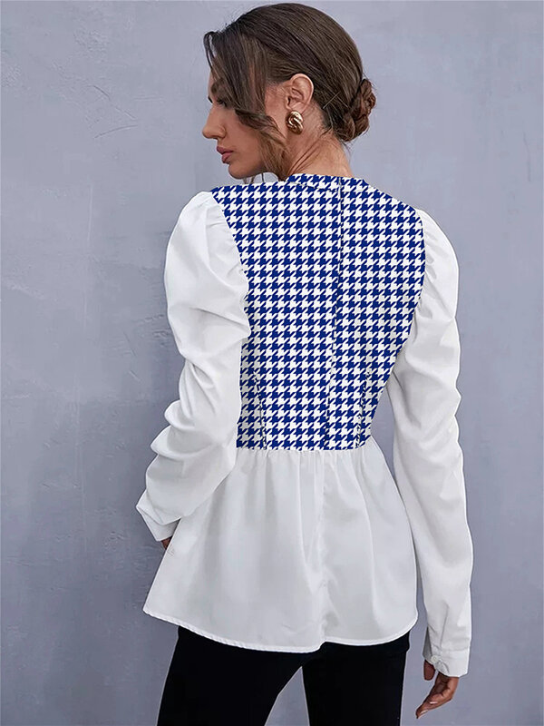 Dames Elegant Houndstooth Shirt Mode Ruches Stiksel Pluizige Lange Mouwen Top Casual Chic Dames Blouse Kantoor Witte Shirts