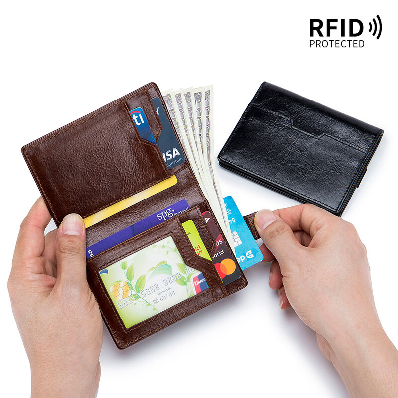 Portafoglio corto da uomo in vera pelle con blocco RFID portafoglio Bifold in pelle di cera d'olio portafoglio per carte di credito borsa per soldi stile Vintage