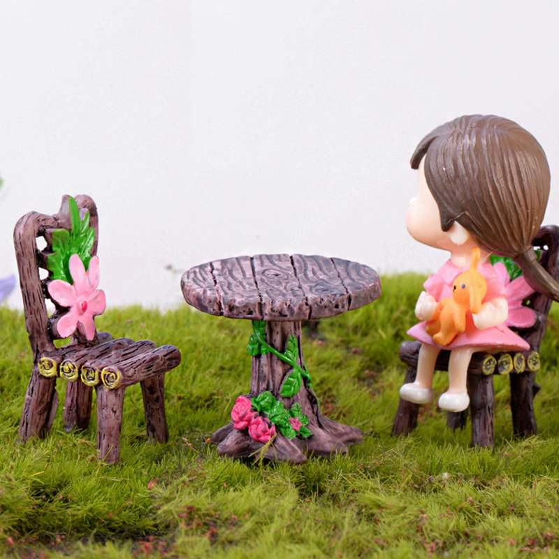 Juego de adornos de Micro paisaje, accesorios de casa en miniatura, taburete de mesa de resina de madera, 2 juegos
