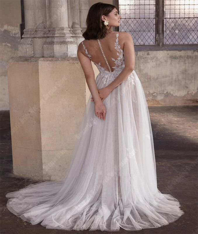 Gaun pengantin wanita Tulle tanpa lengan terbaru gaun Prom tali bahu tipis seksi panjang gaun pesta putri Vestidos De Novia