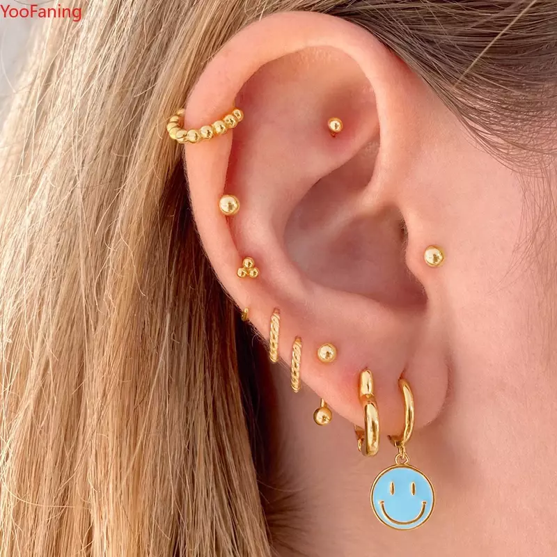 925 Sterling Silver Ear Needle smalto Smile Face orecchini pendenti in oro cerchio fibbia per l'orecchio gioielli di moda per feste regalo di compleanno per ragazza