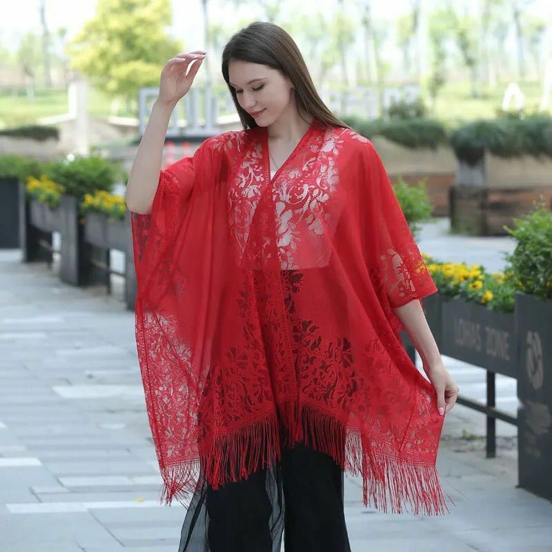 Beach Sunscreen Clothing Lace Cardigan Summer Outer Wear Sunshade Cape Women Tassel Coat Spring Seaside Holiday Leisure Shawl R6