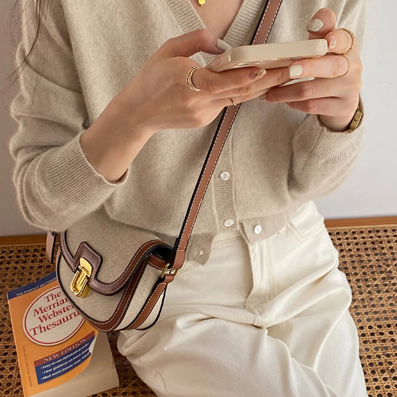 Новинка 2023, маленькая стильная контрастная холщовая Ретро Сумка-седло на одно плечо, роскошная дизайнерская женская сумка-Кроссбоди