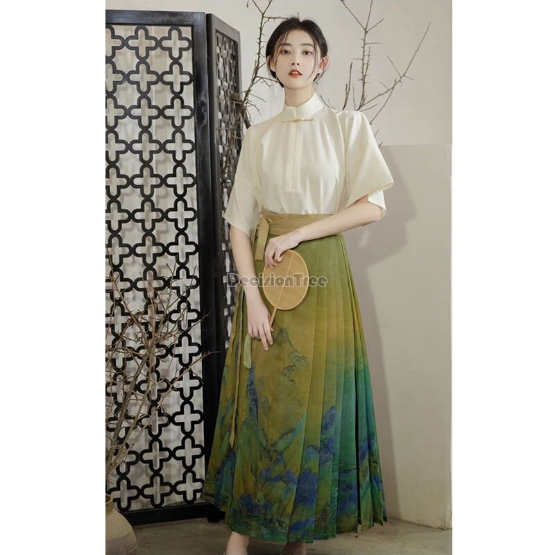 2023 vintage chinese style zen tea hanfu set solid color wide sleeves hanfu top daily fairy landscape printing horse face skirt