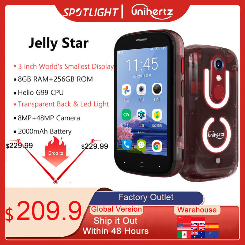 Unihertz-Smartphone Jelly Star Mini, Android 13, 8GB, 256GB, luz Led, desbloqueado, carcasa trasera transparente, 48MP, 3 pulgadas