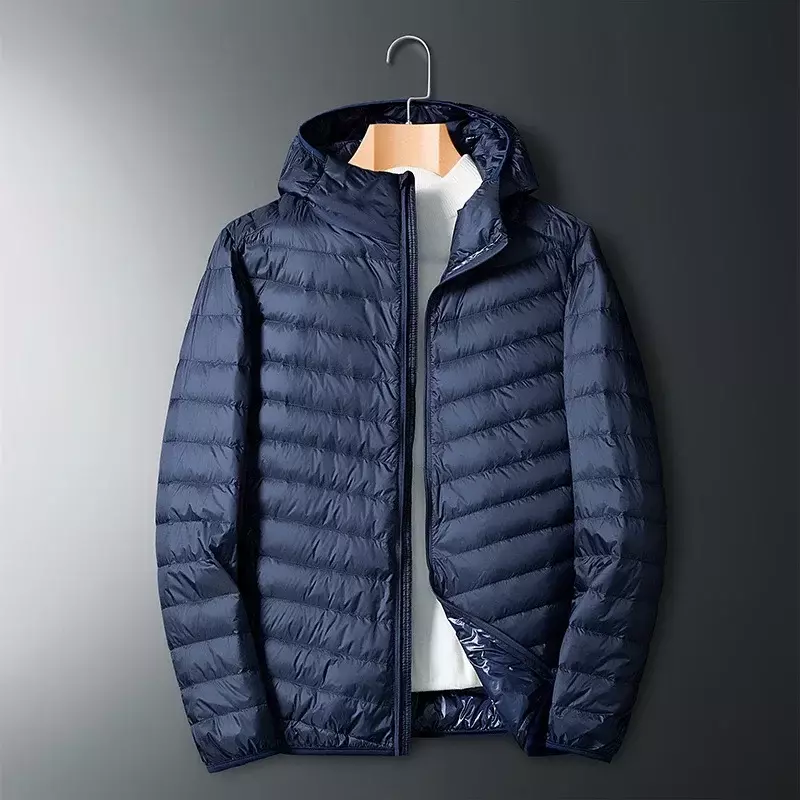 남성용 경량 다운 재킷, 후드 다운 코트, 지퍼, 야외 퍼퍼 재킷, 따뜻한 겉옷, 긴팔, 단색 파카, 블랙, 겨울