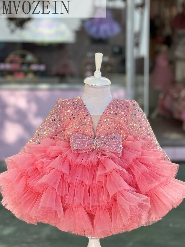 Puffy Sequin Flower Girl Dress V-Neck Long Sleeves Tulle Knee Length Layers Bow Princess Baby Party Dresses
