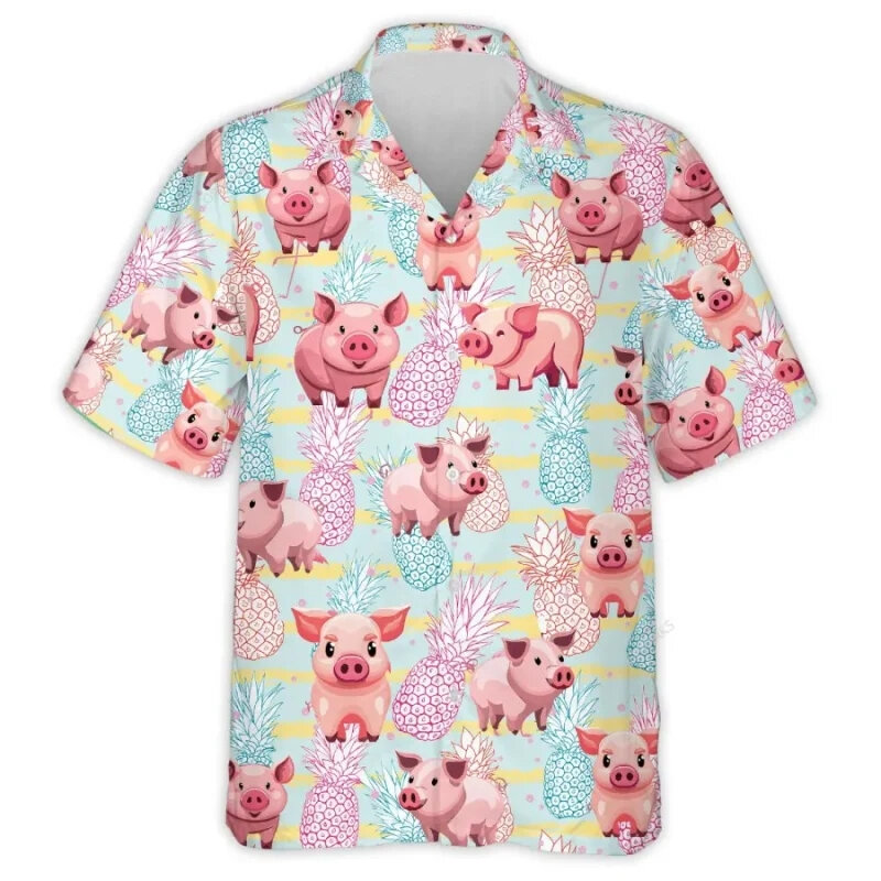 Рубашка мужская с 3D-принтом свиньи, модная смешная анимационная блузка с коротким рукавом, топ с лацканами в стиле хип-хоп, уличная одежда в стиле Харадзюку