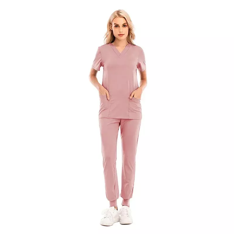 Nursing Uniform Solid Color Short Sleeve V-neck Female Work Clothing Pockets Hospital Pet Dentistry Clinic Uniforms Nursing Top