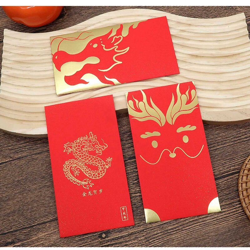 Красные конверты на китайский новый год, праздник весны, бумажные пакеты на удачу в год Дракона 2024, 60 шт.