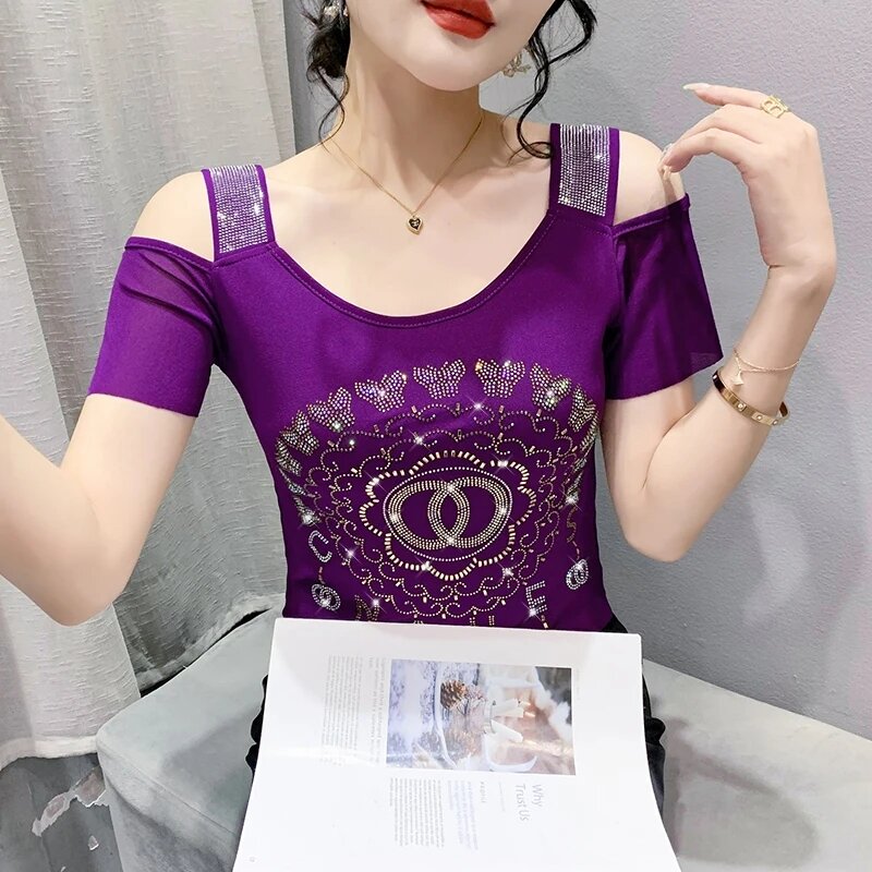 여성 하이 퀄리티 섹시한 오프숄더 샤이니 다이아몬드 메쉬 티셔츠, 우아한 캐주얼 상의 블라우스, 유럽 의류, 여름