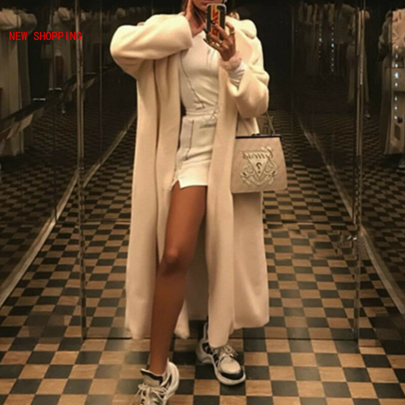 Jaqueta branca de pelúcia de pelúcia feminina, elegante trench coat felpudo longo, casaco de pele artificial fofo, roupas de inverno, 2022