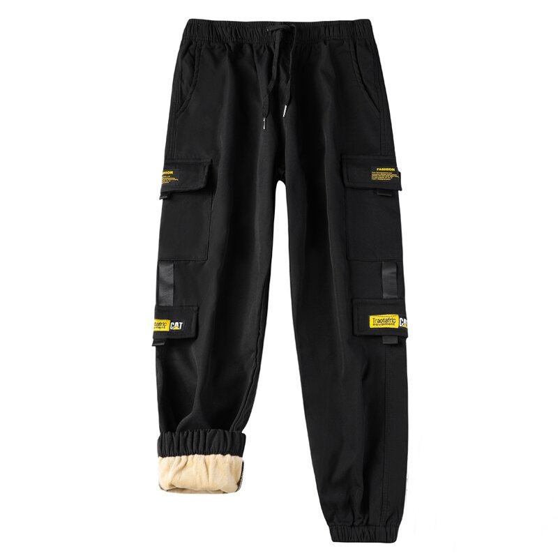 CUMUKKIYP Thickened Fleece Cargo Pants for Men with Drawstring Waist Pockets and Cuffed Legs