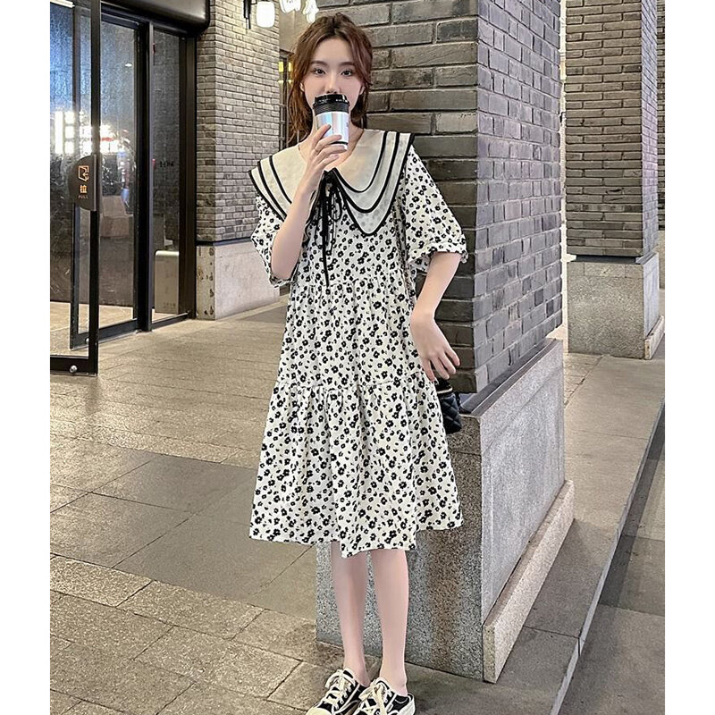 Sweet Peter Pan Collar Lace Up Bow Printed Folds Floral Dress Female Clothing 2024 Summer New Loose Princess Dress