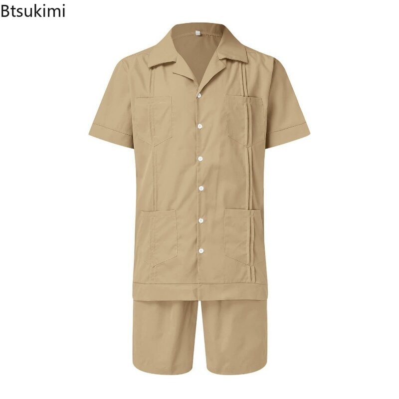 Summer New Men's Casual Sport 2 Piece Sets Fashion Cotton Linen Short Sleeve Shirt and Shorts Suit Men Loose Sport Shirt Outfits