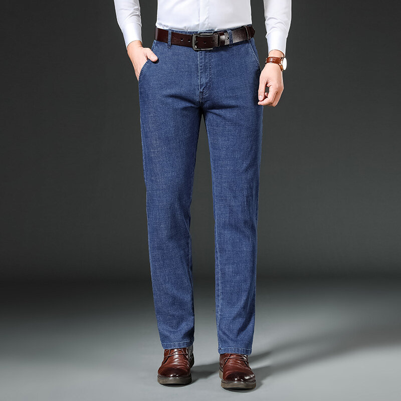 Celana panjang Denim elastis pria, Jeans kasual ramping bisnis Musim Semi untuk lelaki