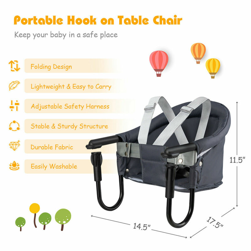 Portable Folding Baby Hook On Clip On High Chair Booster Fast Table Seat Grey
