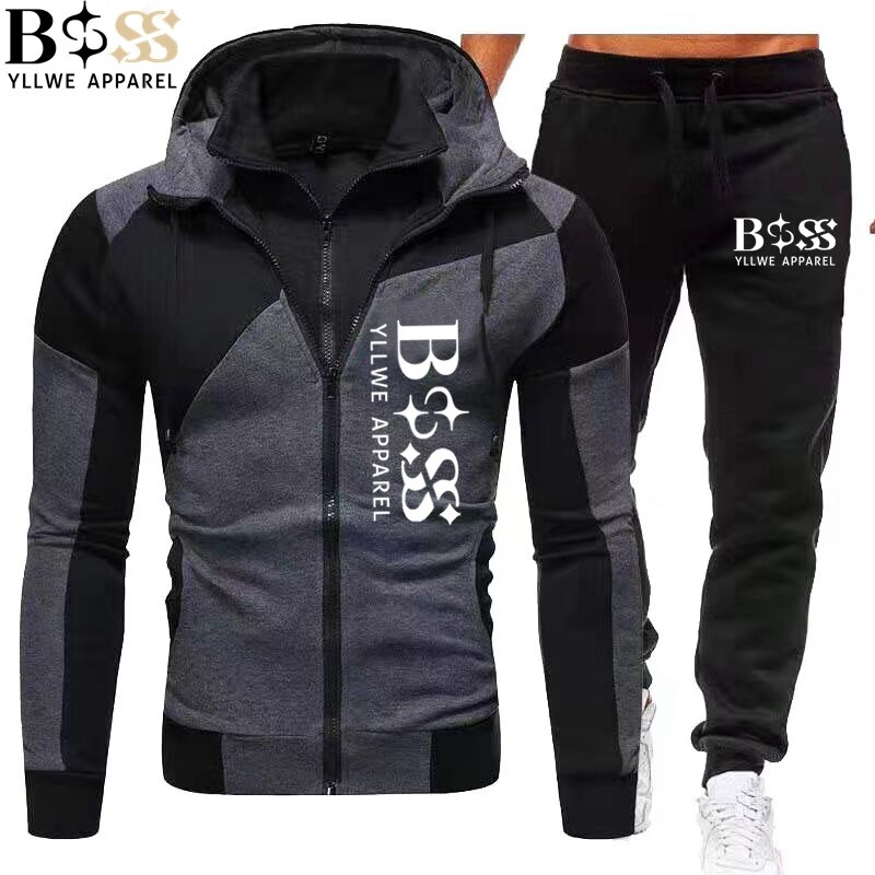 BSS YLLWE 남성용 지퍼 재킷, 후드 풀오버, 스웻팬츠 스포츠 캐주얼 조깅 운동복, 2 피스 세트, 신제품