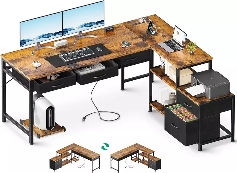Meja Komputer bentuk L dengan laci kain dan kabinet arsip, meja kerja kantor rumah bolak-balik 61 "dengan stopkontak listrik