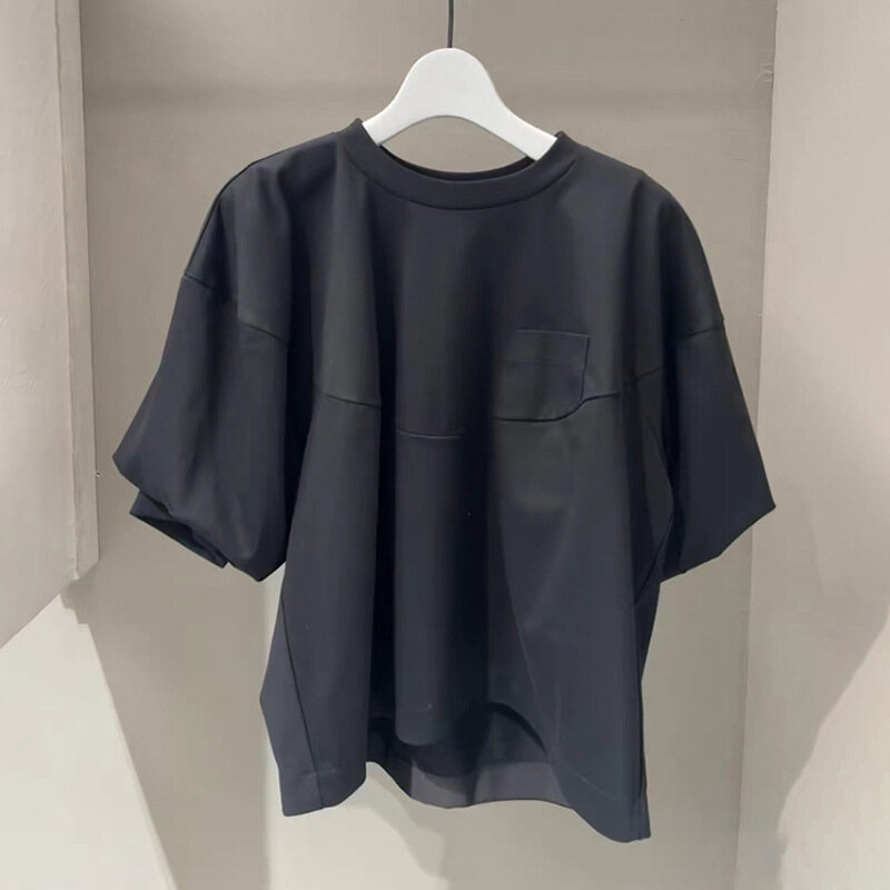 Niche-Camiseta de manga abullonada para mujer, top informal de color liso con cuello redondo, primavera y verano, 2024