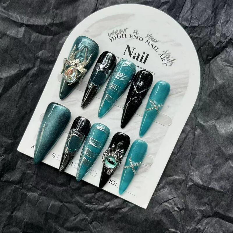 10PCS Handmade y2k Cat Eye Luxury Nails Long Stiletto Nail Tips Dark Design Reusable Black Silver Full Cover Nail Tips Art