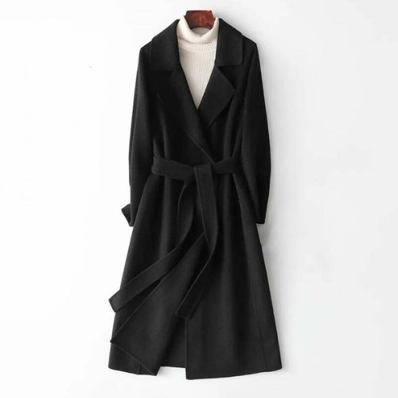 Mantel wol wanita, mantel panjang setengah dengan pinggang dapat disesuaikan musim gugur musim dingin, mantel wol cantik wanita dengan kerah Slim Fit untuk musim gugur