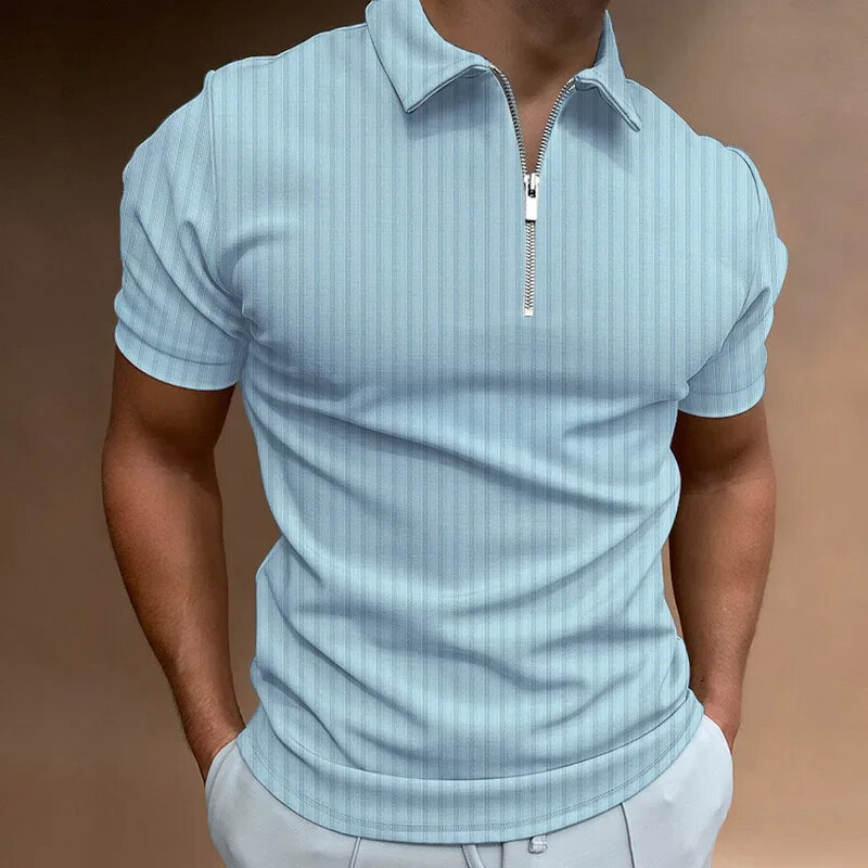 Polo Slim a maniche corte da uomo con cerniera a righe, t-Shirt monocromatica, top Casual alla moda, estate, 2024
