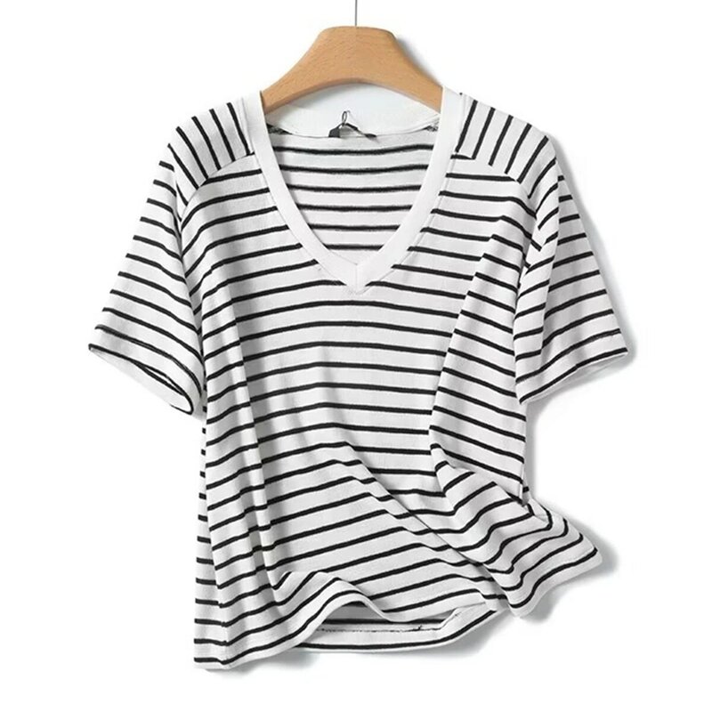 Maxdutti-T-shirt rayé en pur coton pour femme, style nordique, minimaliste, décontracté, à la mode, été