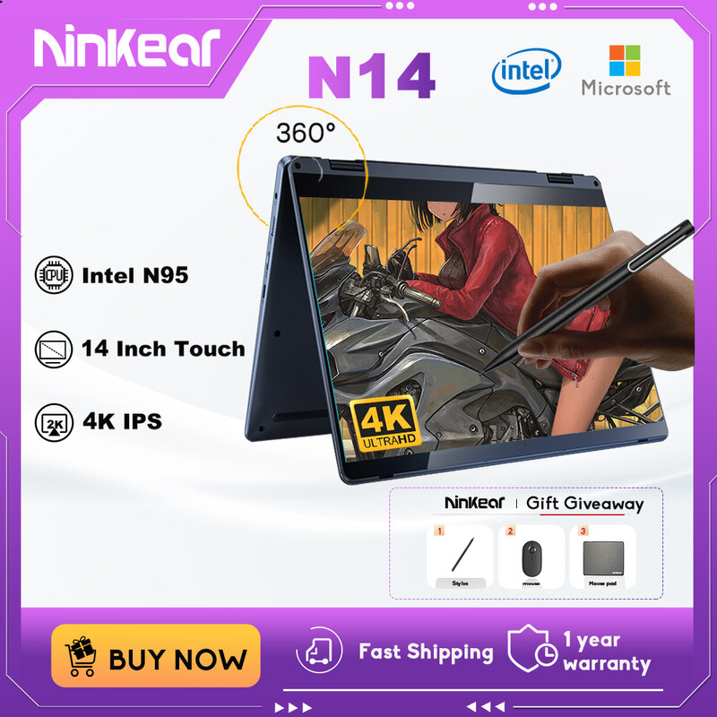 Ninkear-ordenador portátil N14 con pantalla táctil 4K de 14 pulgadas, 12. ª generación, procesador Intel N95, 12GB, DDR5 + 1TB, SSD, Windows 11, Ultrabook