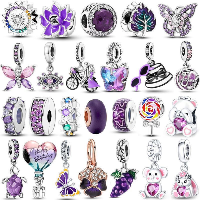 Breloque fleur en argent regardé 925, perle violette, convient au bracelet et au collier Pandora originaux, fabrication de bijoux, cadeau, nouveau, 925