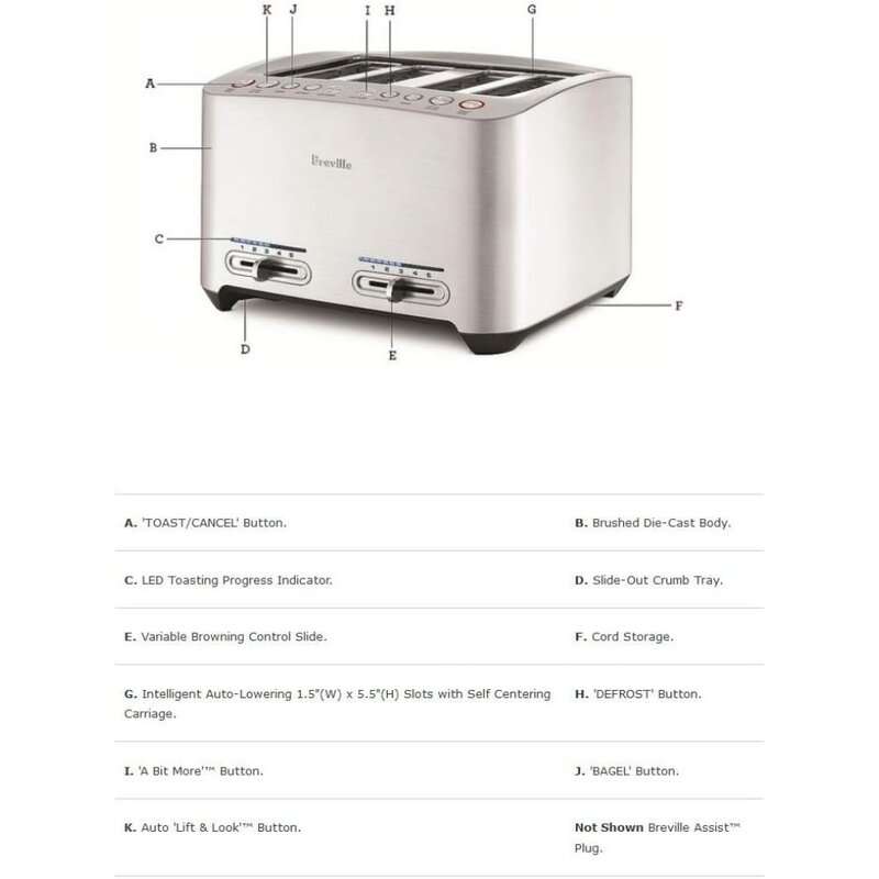 Breville 4-Slice BTA840XL Die-Cast Smart Toaster, Stainless Steel