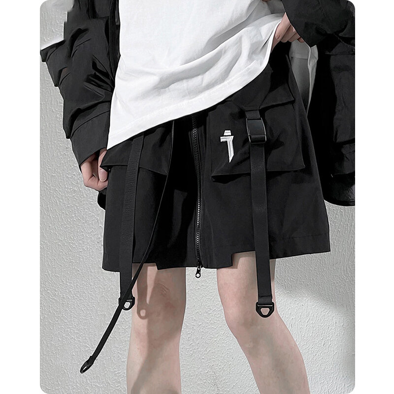 Unisex multifuncional saia curta calças, calças casuais soltas, grande bolso streetwear, fita escura, roupas de verão