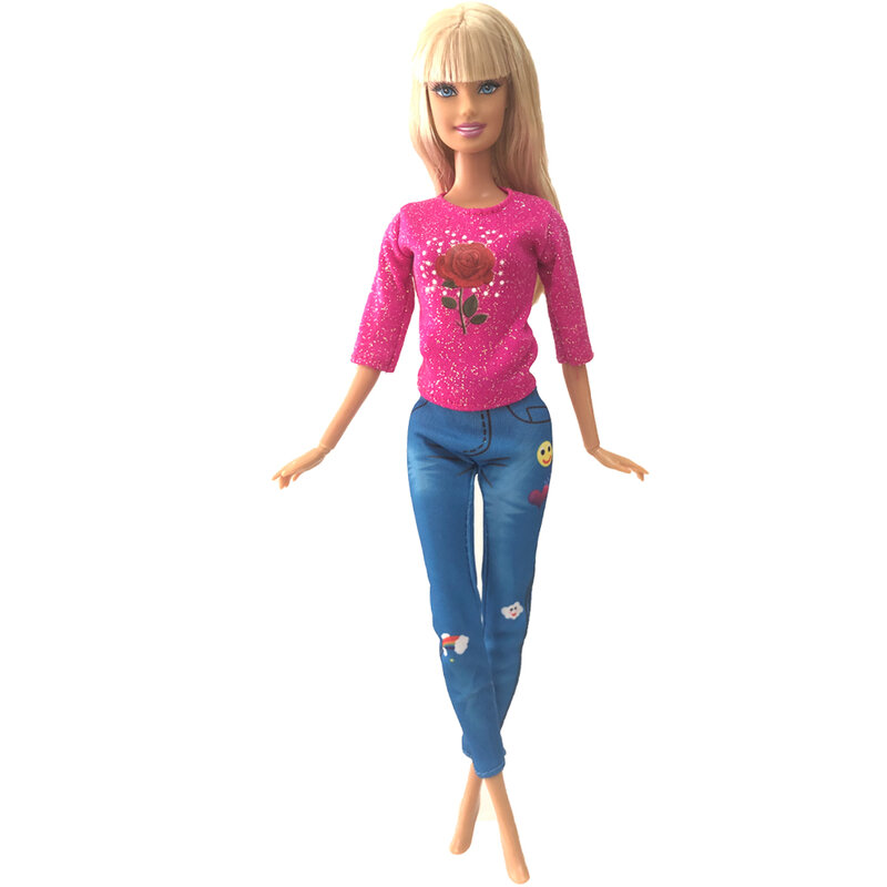Nk oficial 1 conjunto de roupas moda rosa padrão camisa bonito trouseres para 1/6 boneca acessórios roupas casuais para boneca barbie
