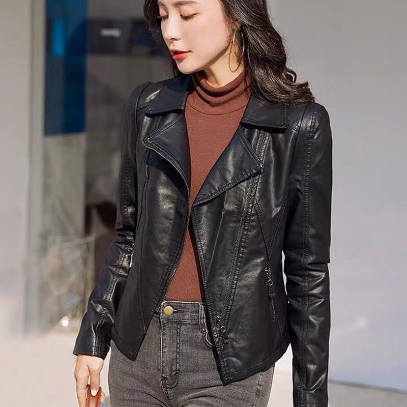 여성용 블랙 가죽 코트, 슬림 숏 가죽 재킷, 여성 의류, 2024 용수철 가을 신상