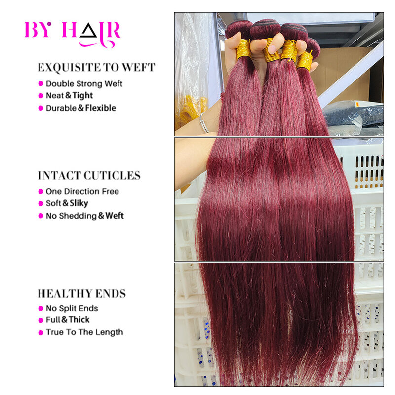 Pacotes brasileiros de onda reta, extensões de cabelo Remy, 100% cabelo humano, tecido colorido, cru, 26 ", 99J, 1 Pc, 3 Pcs, 4 Pcs